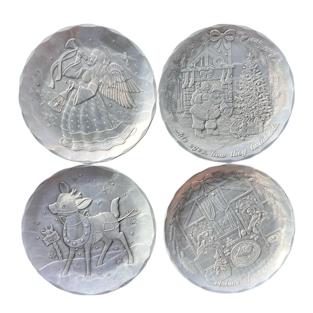 Handmade Wendell August Christmas Coasters Set of 4 Aluminum‎ w Wooden Stand